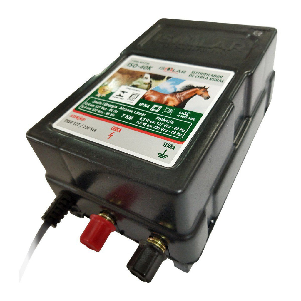 01 Eletrificador Rural e PET 40k - 250m Fio eletroplastico - 100 Roldana 30x30 PT - 02 Porteira mola interna AM