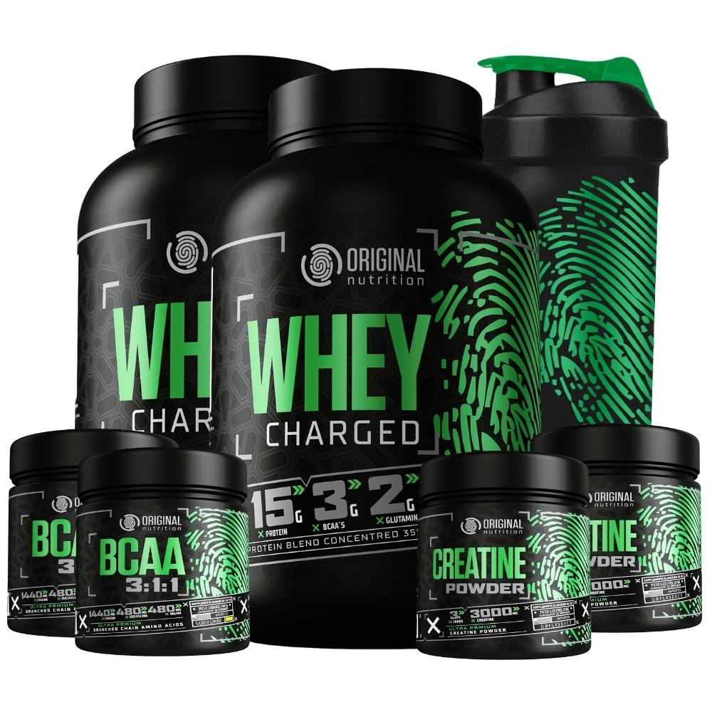 Kit 2x Suplemento em pó Whey Protein Charged + 2 Bcaa + 2 Creatina + Shaker coqueteleira Original