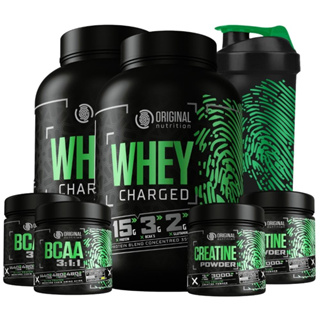 Kit 2x  Suplemento em pó Whey Protein Charged + 2 Bcaa + 2 Creatina + Shaker coqueteleira Original em Oferta na Shopee