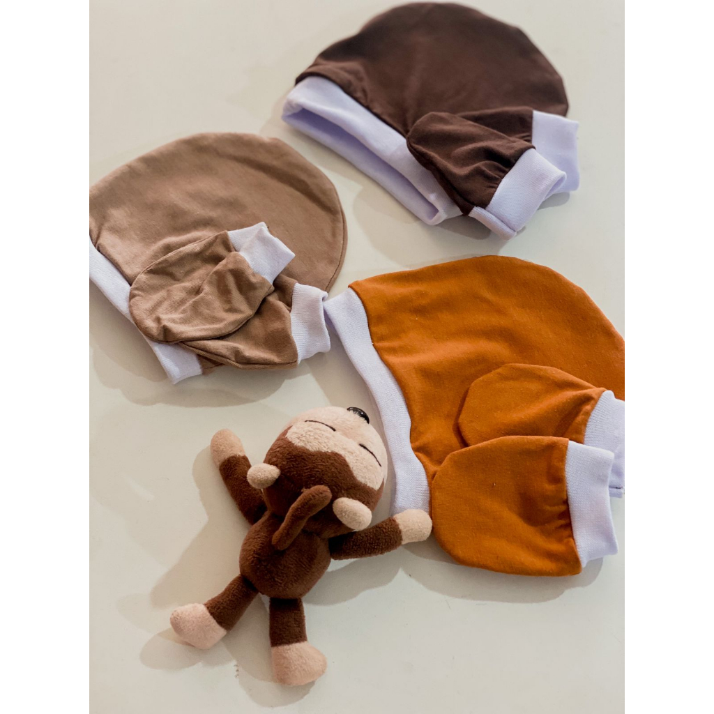 Kit 3 Touca + 3 luva de bebê luvinha bebê 100% algodão. em Oferta na Shopee