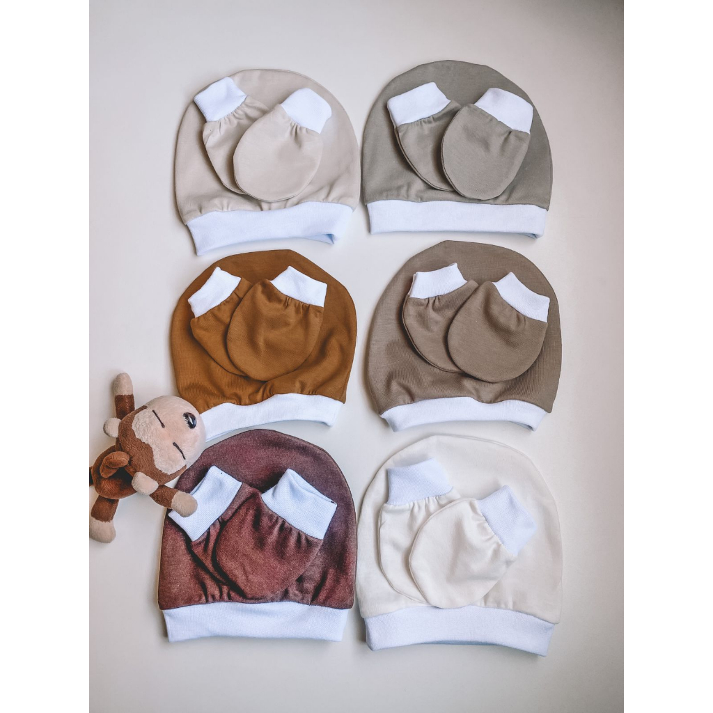 Kit 6 Touca + 6 luva de bebê luvinha bebê 100% algodão. em Oferta na Shopee