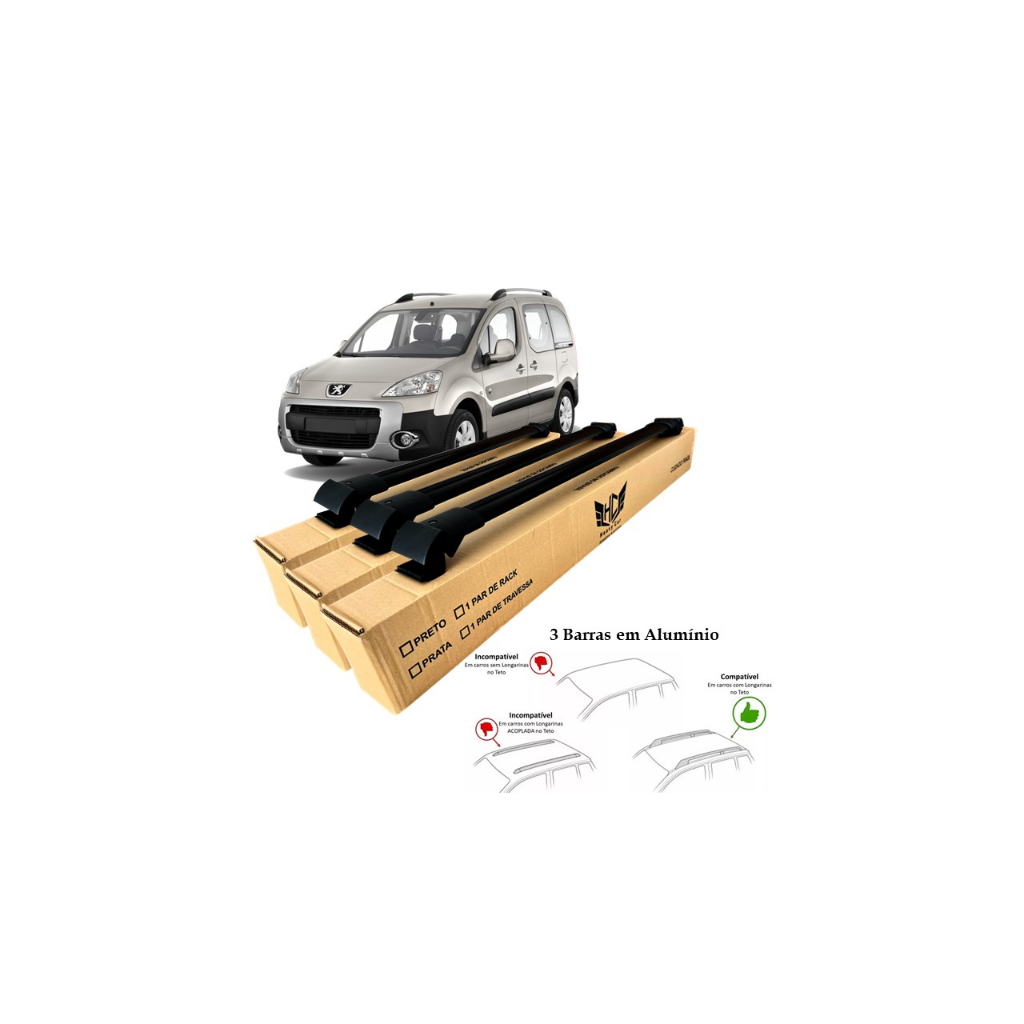 Rack Travessa de Teto Partner 2010 A 2013 3 Barras Larga Heavy Car