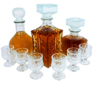 3 Licoreiras Frasco Decoração 500ML+ 6 Shots Licor Cristal Whisky Mini Taça