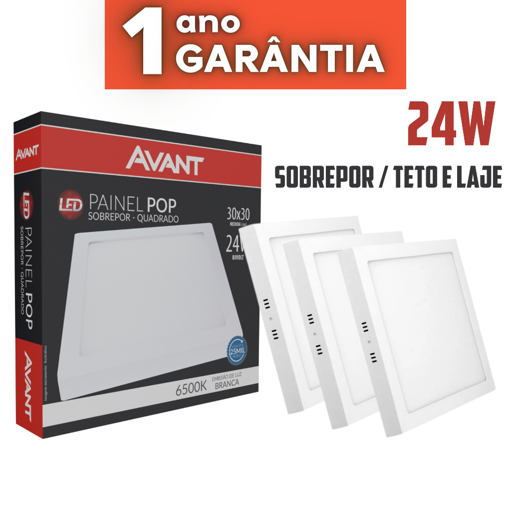 Kit 03 Painel Plafon Led Teto/Laje Sobrepor 24w Quadrado Luz Fria 6500k Forte 30x30 em Oferta na Shopee