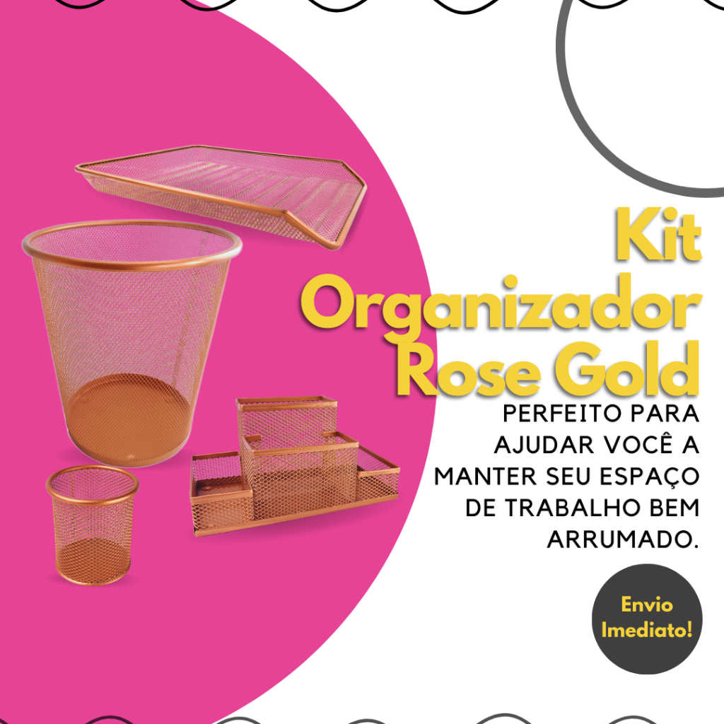 Kit Porta Caneta Rose Gold com Organizador de Mesa Escritório, Bandeja Organizadora de Papel e Lixeira Aramada Rose Gold