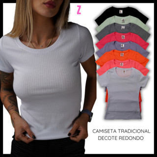 Blusa Camisa Feminina com Manga Canelada Gola Redonda Tradicional Dia a Dia do P ao GG