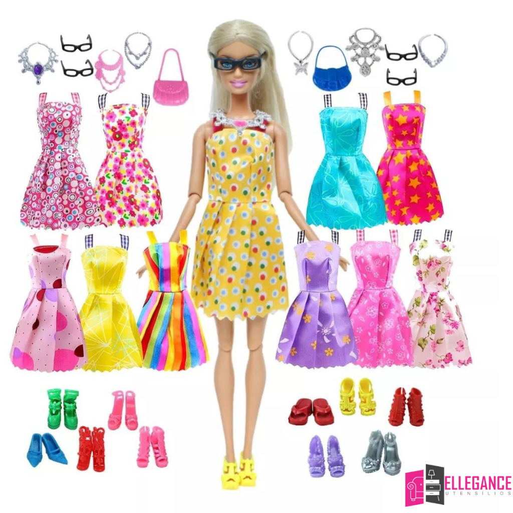kit 32 Peças de Roupas e Acessórios para Bonecas e outros modelo de 25 a 30cm Vestido Óculos Sapato Colar Criança Brinca