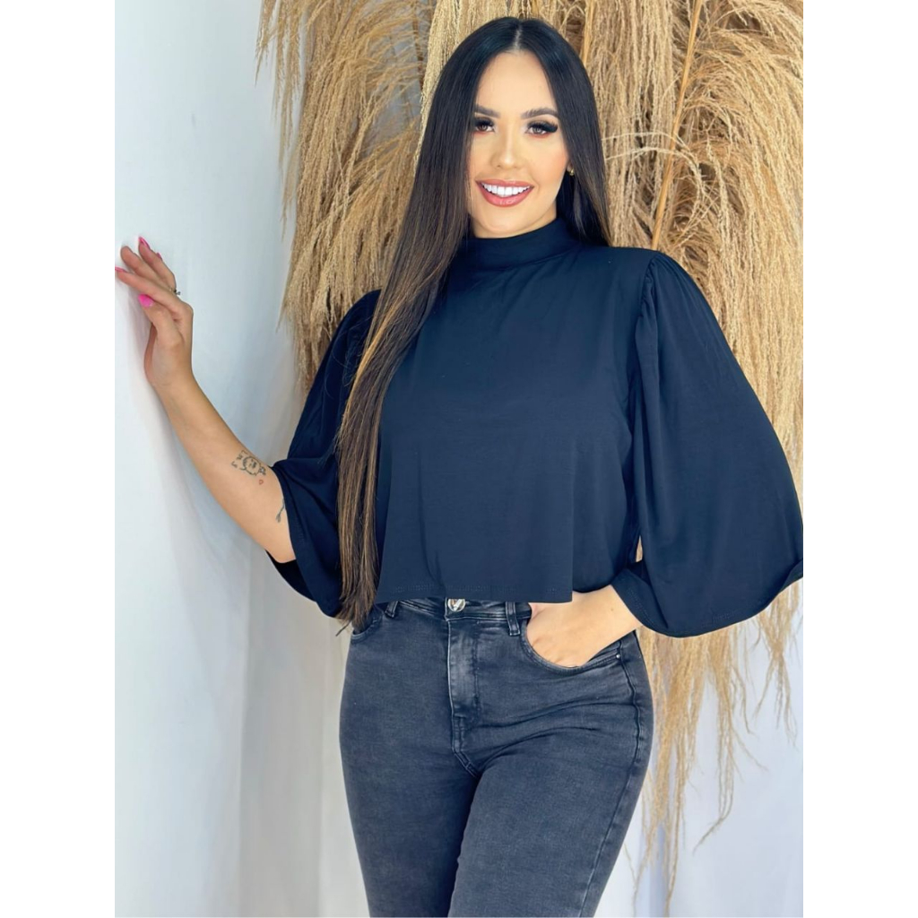 Cropped Básico Gola Alta Básico manga fler Casual Cropped Gringa