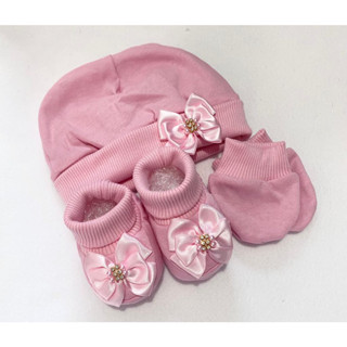 KIT TOUCA/GORRO, LUVAS E BOTINHA SAPATINHO PANTUFA BEBÊ MALHA