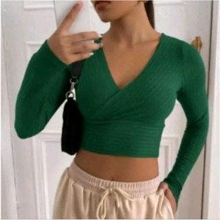 Blusa Cropped Transpassado Manga longa Canelado