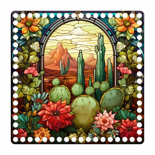 Base MDF Fio de Malha Crochê Quadrada Vitral Cactos Mod3