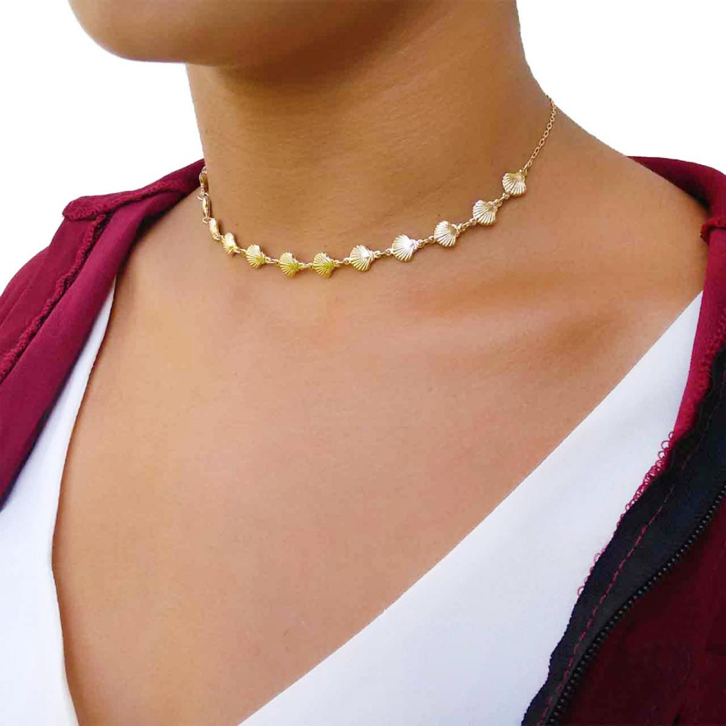 Choker Feminino Conchas Folheado Ouro Choker Conchinhas