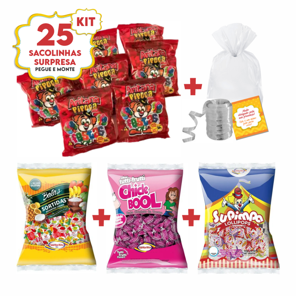 Kit Pegue e Monte 25 Sacolinhas Doces Tag Grátis Festa Infantil Montar Saquinho Bala Pipoca Pirulito e Chiclete