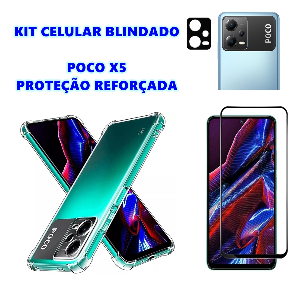 Kit Celular Blindade Poco X5 Capa Anti Impacto Xiaomi + Película De Vidro 3D + Protetor Câmera