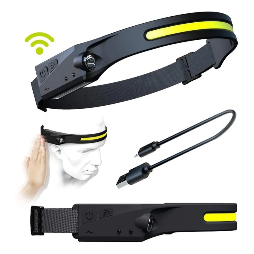 Lanternas Cabeça 3 Fitas Led Com Sensor Multifuncional Recarregável USB Pesca Camping Tátíca