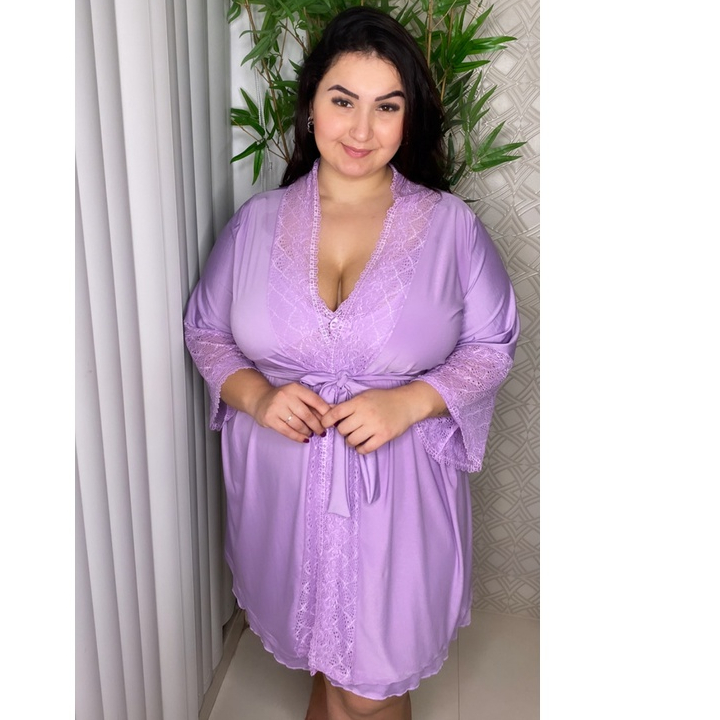 kit Plus Size Camisola Amamentação e Robe luxo Renda em Oferta na Shopee