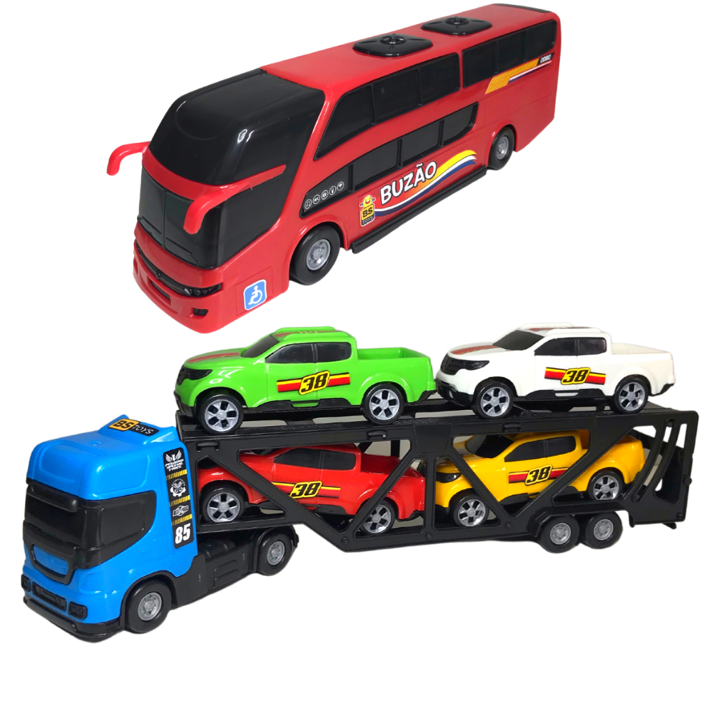 Caminhao Cegonha e Onibus com 4 Carrinhos Brinquedo Menino