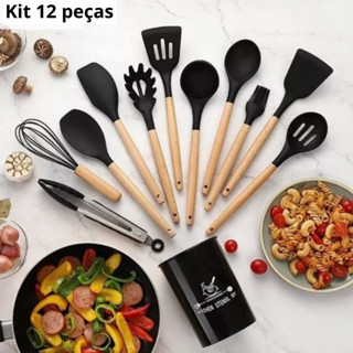 Jogo Kit C/12 Peças Utensílios De Cozinha Colheres Espátulas Silicone Cabo Madeira Decoração Livre BPA