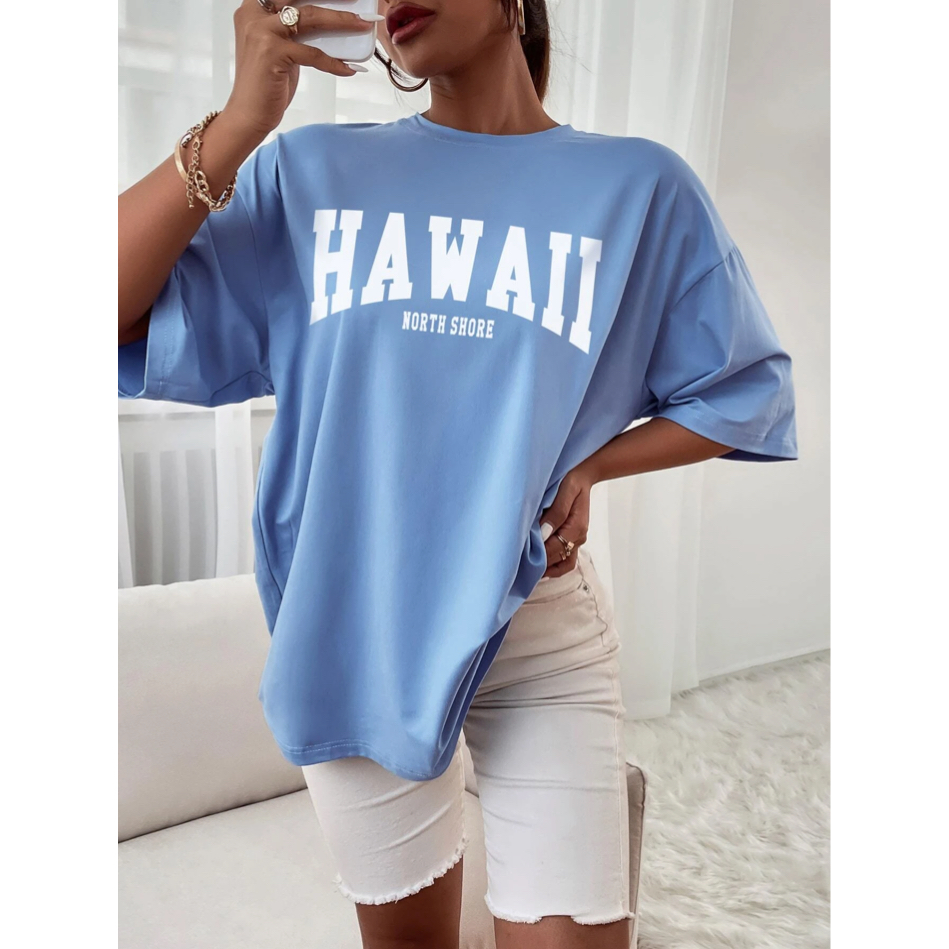 Camiseta Hawaii Feminina Oversized Estampa Praia Mar Sol Manga Curta Longline