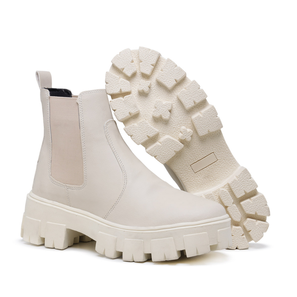 Bota Coturno Feminino Nude Off White Tratorada Chelsea Macia Confortável Botinha Cano Médio Falcucci · foto 2