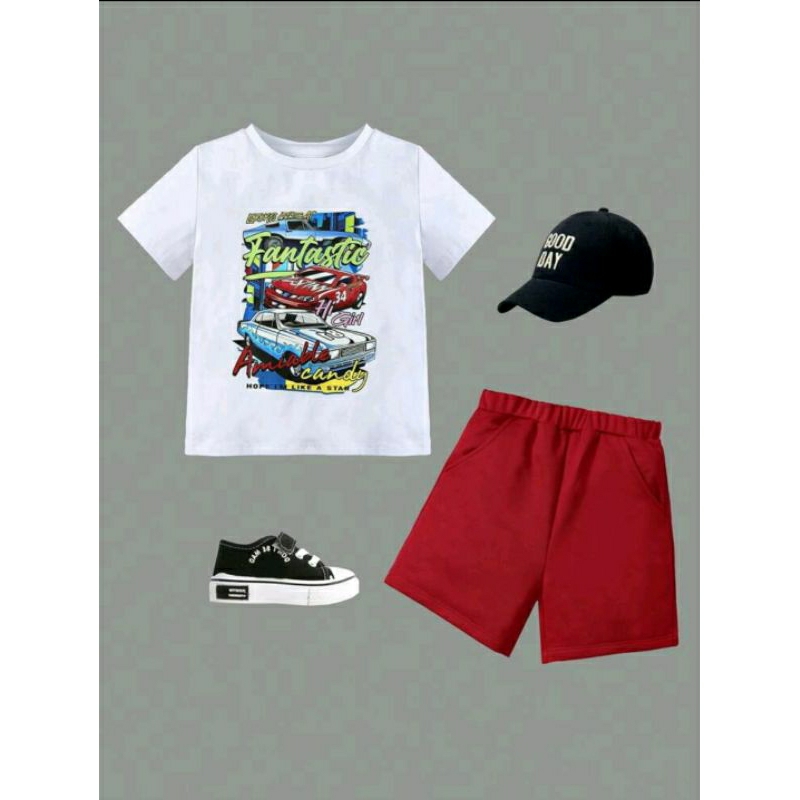 Conjunto Infantil Meninos Shorts Moletom Vermelho Camiseta Branca Malha Estampa Carros