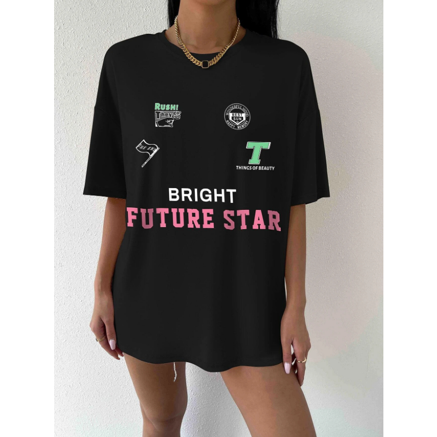 Camiseta Oversized Future Star Blusa Estampa Brilhante Futuro Estrelas Streetwear Astronomia Manga Caida Unissex