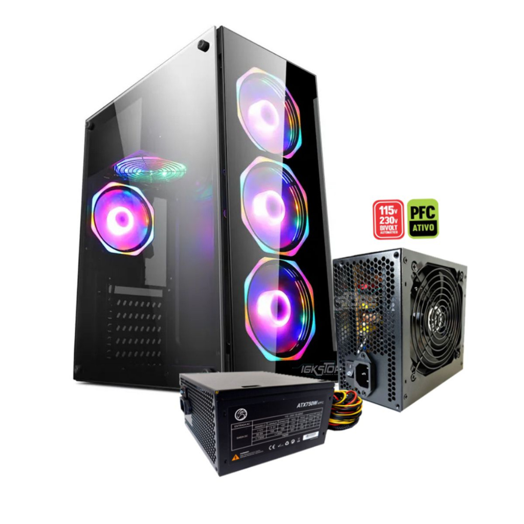 Gabinete Pc Gamer + Fonte De 750w Real Pfc Ativo Bivolt Aut