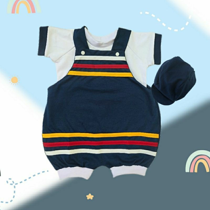 Kit Macaquinho e Camiseta para Bebê com Boné 3 Peças Verão Jardineira Menino