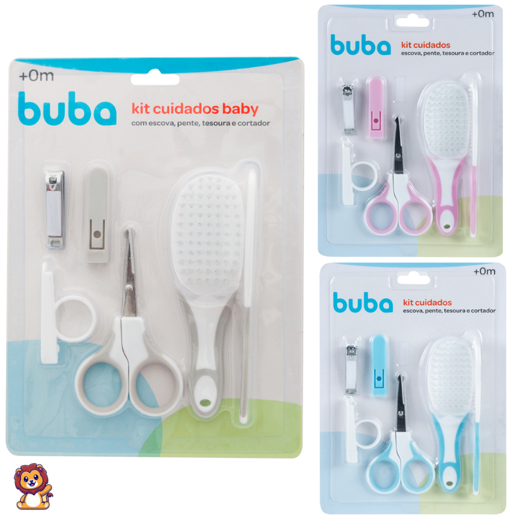 Kit Cuidados e Higiene Baby Bebê Pente Escova Tesoura e Cortador de Unha Buba Azul e Rosa - 5239
