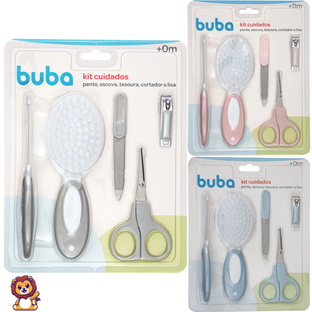 Kit Cuidados e Higiene Bebê Pente Escova Tesoura  Cortador de Unha e Lixa Buba Azul e Rosa - infantil -13685