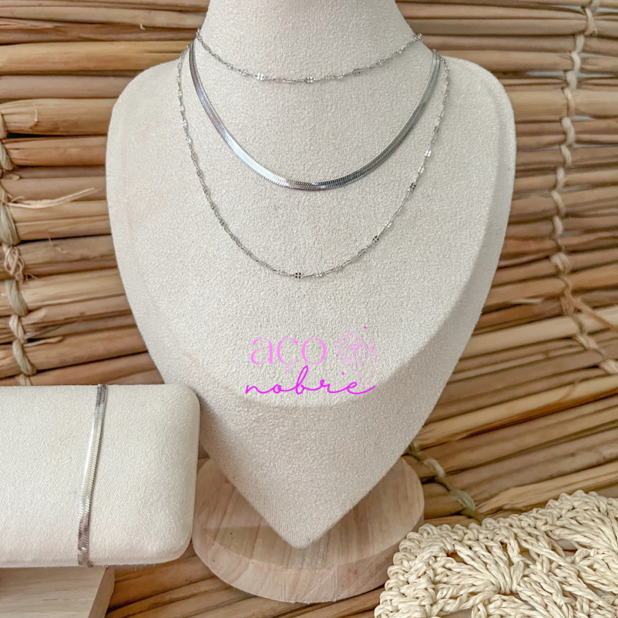 kit Trio De Colares Com Pulseira Conjunto De Colares E Pulseira Em Aço Inox Fita Laminada Singapura em Oferta na Shopee