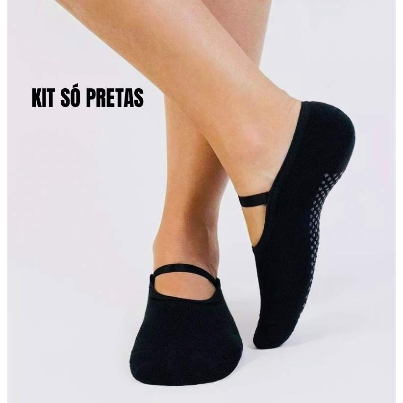 Kit 06 Pares de Meias Antiderrapantes Pilates Yoga Só Pretas Cores Preto Meia Sapatilha Preta