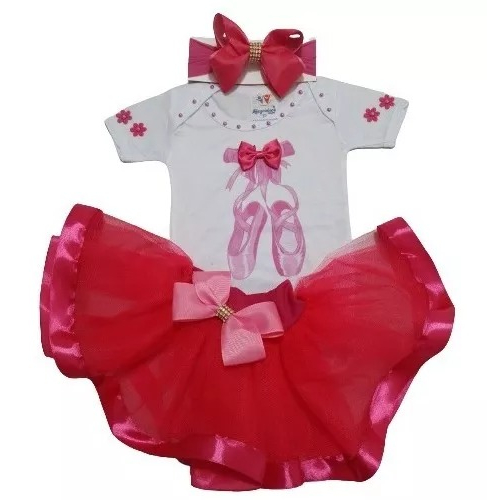 Conjunto Tutu Tule Bebê Menina Mesversário Bailarina Roupa Festa Aniversário Infantil, Saia, Body e Laço