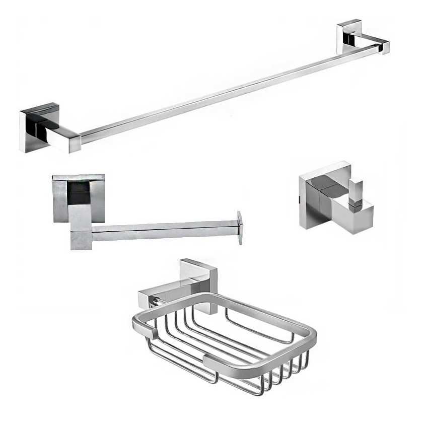 Kit Acessórios Banheiro Porta Toalha Banho Metal + Saboneteira Cromado + Cabide Inox + Papeleira Ret