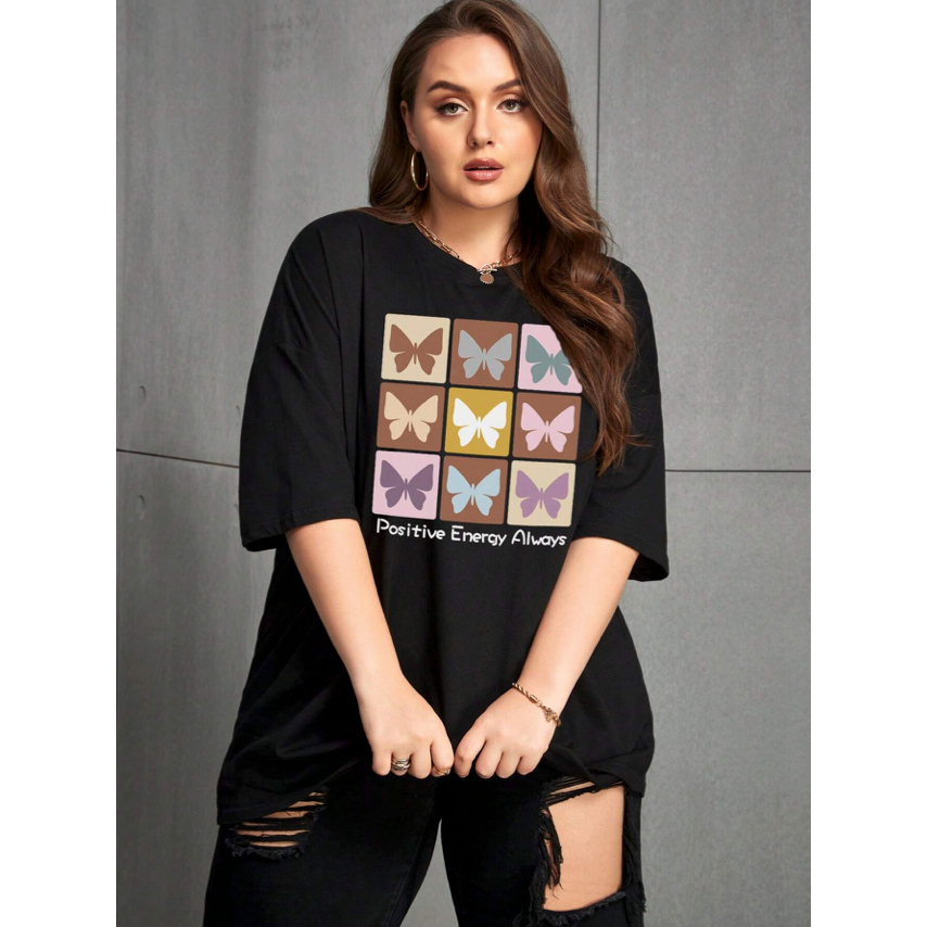 Camiseta Estampada Borboletas Mil Butterfly Energia Positiva Plus Size Oversized Streetwear Ombro Caido