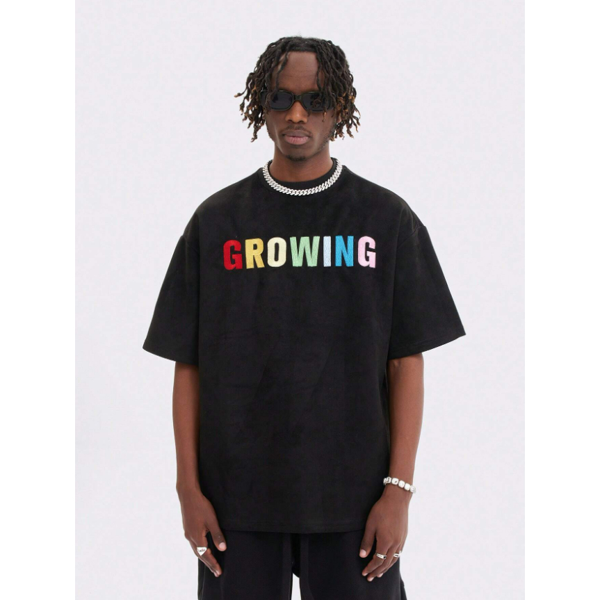 Camiseta Growing Letras Coloridas Oversized Masculino Manga Curta Streetwear Casual