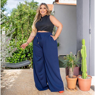 Calça Pantalona Malha Plus size Solta com Bolsos elástico G1 G2 G3
