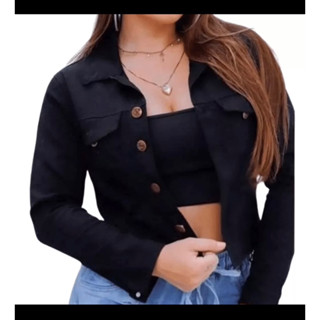 Jaqueta feminina cropped bege/preta/jeans/verde