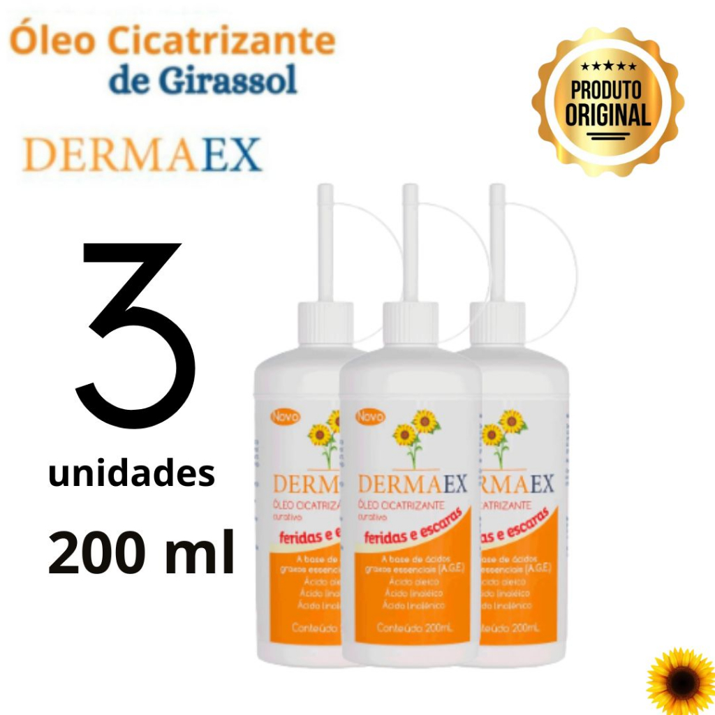 KIT 3 Óleo Dermaex Age Feridas E Escaras Dersani Óleo De Girassol 200ml Cicatrizante Tratamento Feridas Escaras Queimaduras Curativo Proteção Pós-Cirúrgica