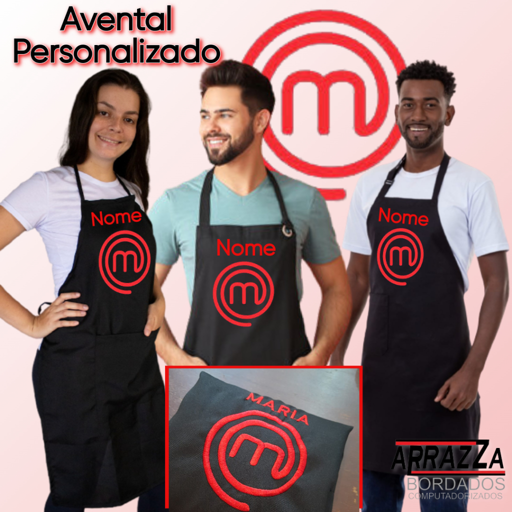 Avental MasterChef Simbolo + Nome Bordado Unissex com Bolso Frontal e Regulagem da Altura e Cintura