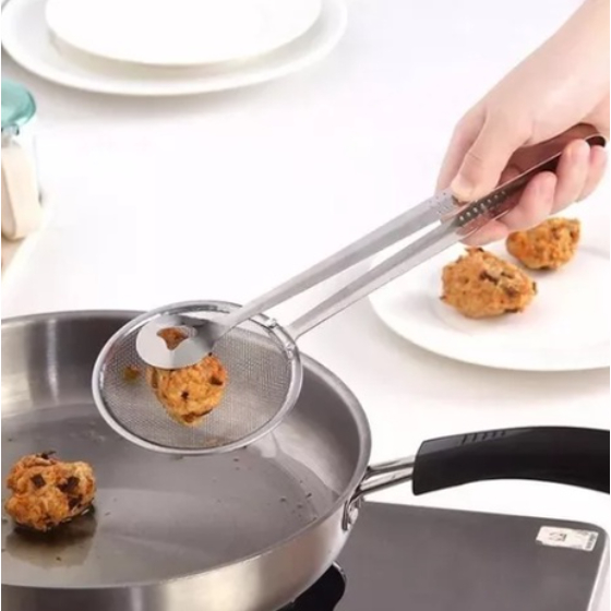 Escumadeira Com Pinça Para Fritura Salgados Escorredor Com Pegador Inox 28,5cm