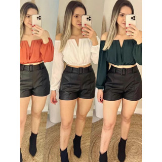 Short Feminino de Cinto Courino Cirrê Short Cintura Alta