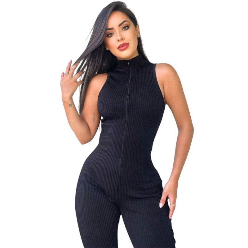 Macacão Regata Longo Preto Ziper Academia Festa gringa 3D em Oferta na Shopee