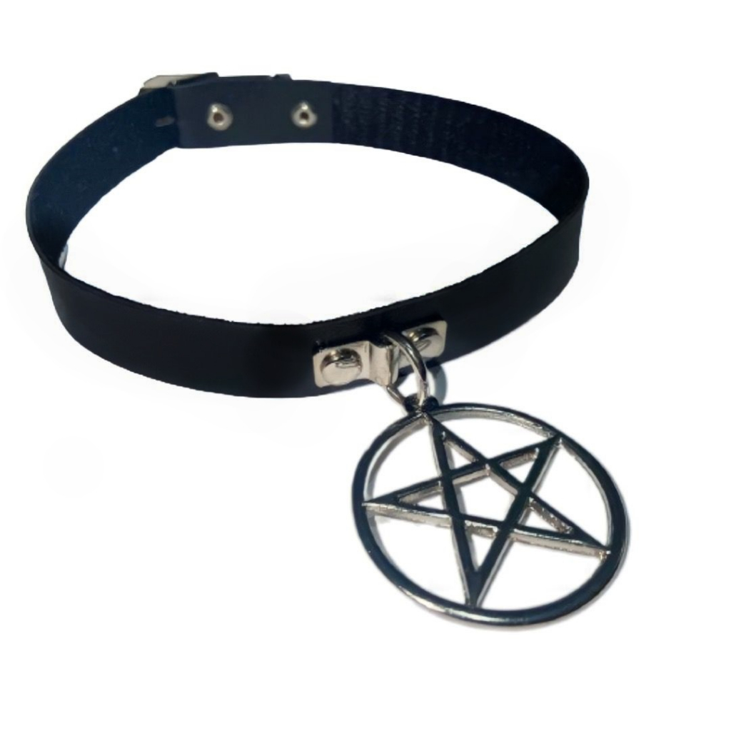 Choker Coleira Gargantilha com Pentagrama Invertido Couro Sintético Metal Gotico PUNK Kpop E-GIRL