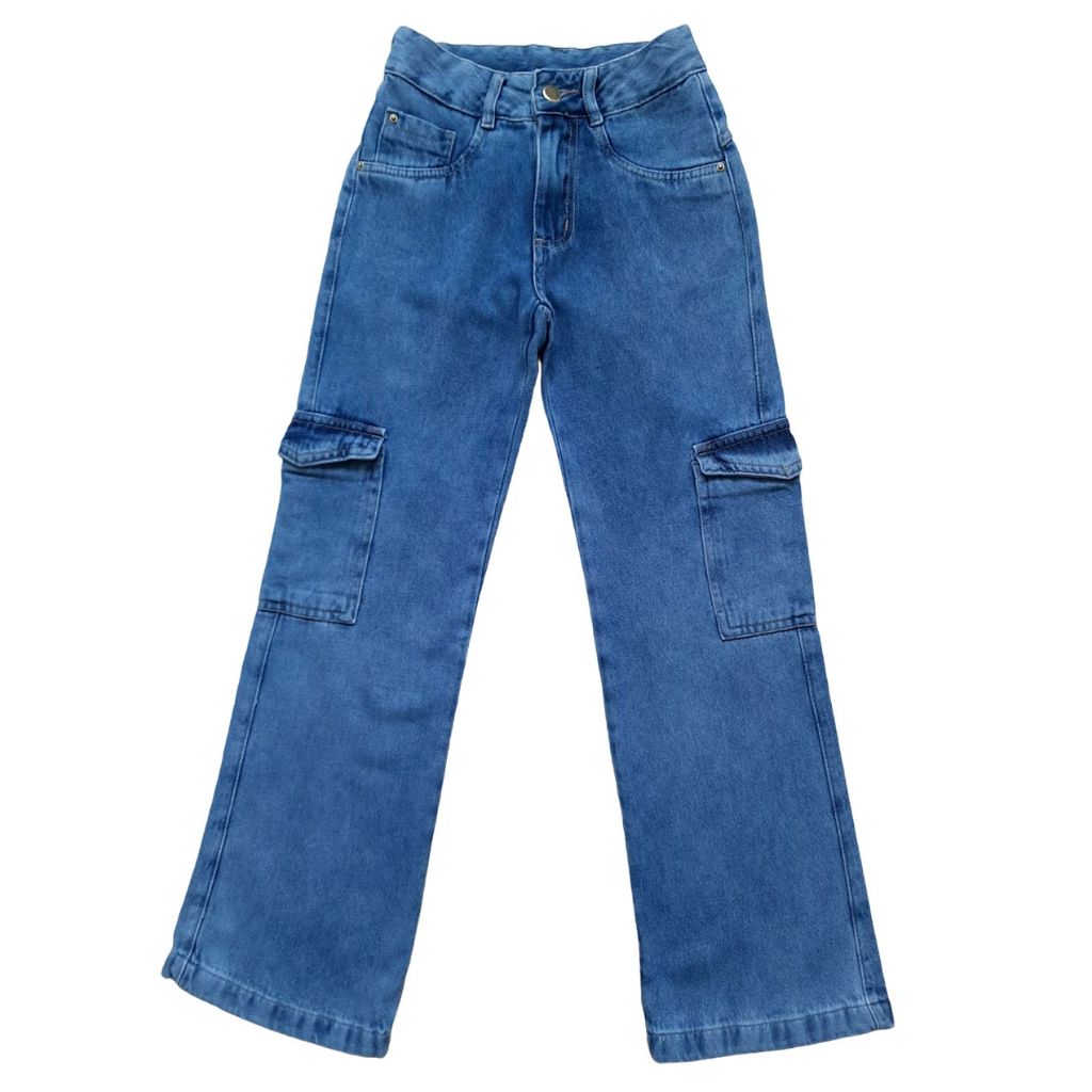 Calça Jeans Feminina Cargo Pantalona Infantil Juvenil (R6289)