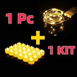 1 Peças Luminária Vela De Led Cilíndrica Chama Realista Decorativa＋1 Pc Led Usb Mini Fada De Fio De Cobre Luzes De Natal Festa