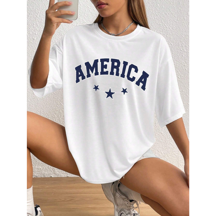 Camiseta America 3 Estrelas Feminino Oversized Manga Curta Streetwear Casual Style