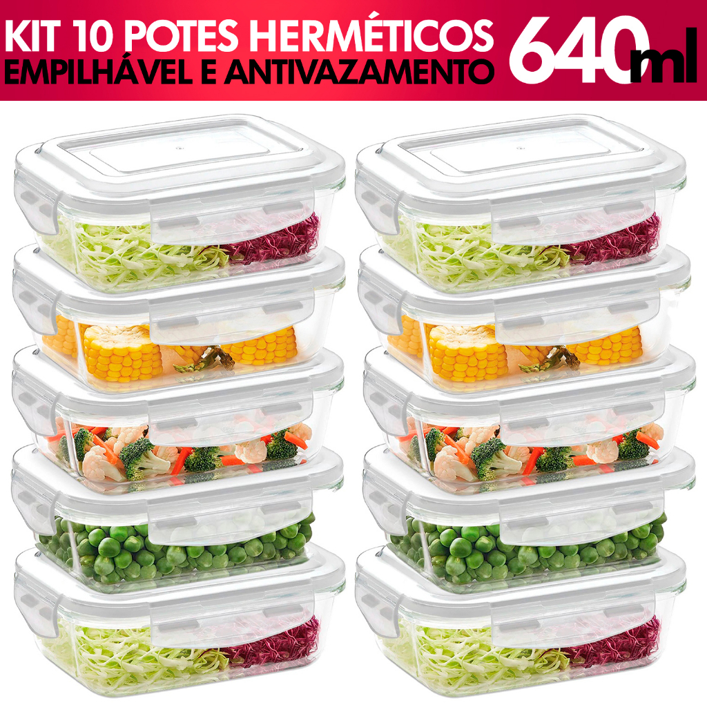 Conjunto 10 Potes De Vidro Hermetico 640ml Marmita Mantimentos Retangular Tampa Com Vedação Silicone