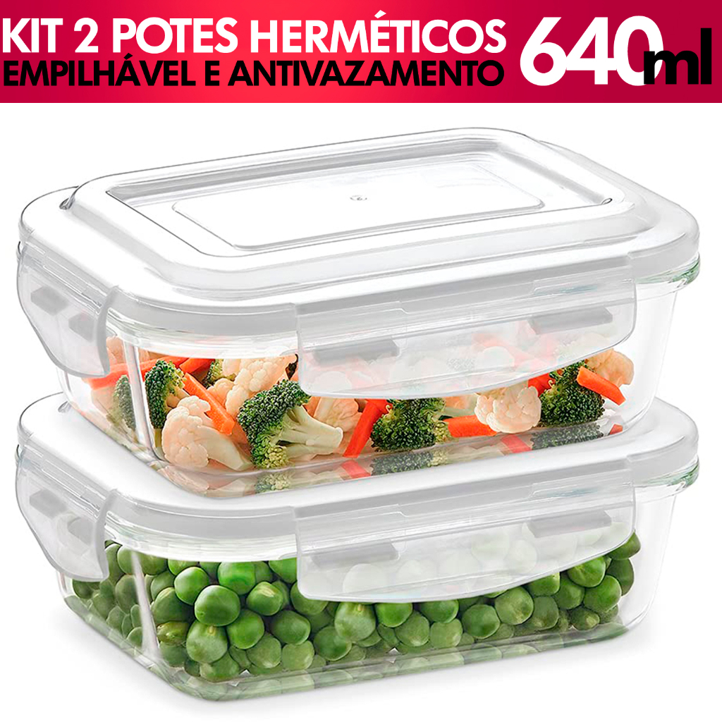 Conjunto 2 Potes De Vidro Hermetico 640ml Marmita Porta-Mantimentos Retangular Tampa Com Vedacao Em Silicone