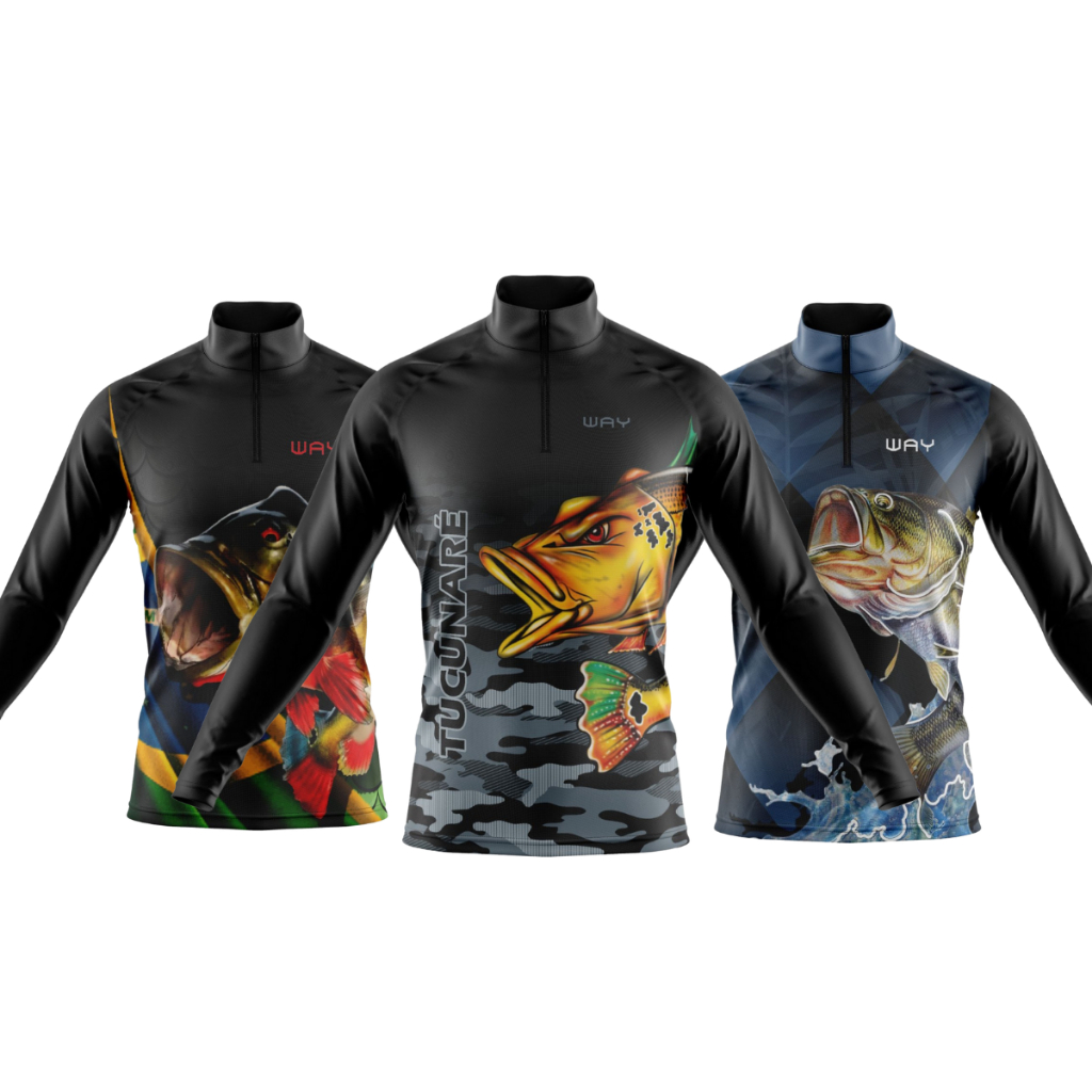 Camiseta de Pesca Masculina Blusa Manga Longa Proteção Solar Peixe